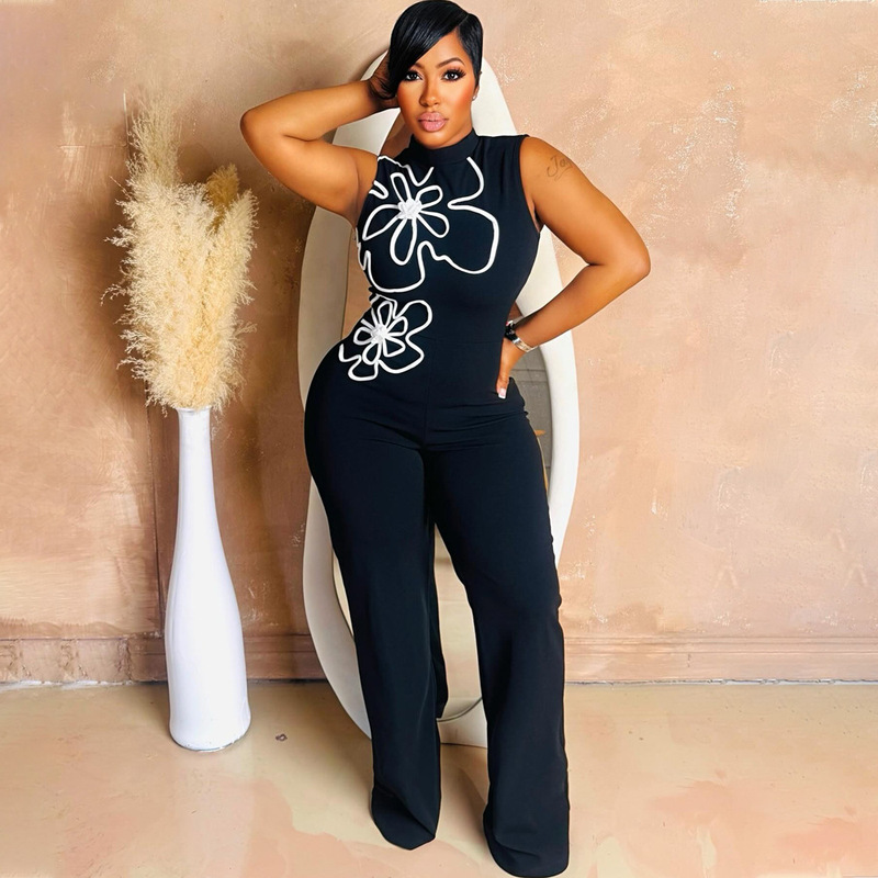 European and American Amazon Women's Fashion New Round Neck Sexy Sleeveless Floral Design Slim Jumpsuit Pants