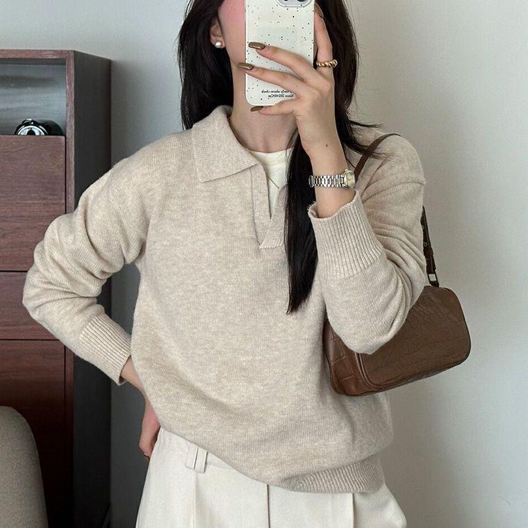 Retro polo collar pullover sweater for women, new autumn style, casual loose fit, versatile knit top Retro polo collar pullover sweater for women, new autumn style, casual loose fit, versatile knit top