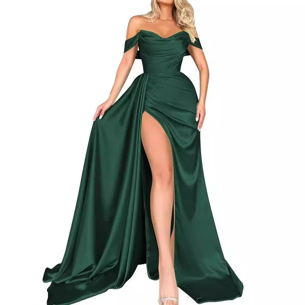 Vestido de Noche Elegante para Fiesta, Diseño Sexy con Abertura Alta, Un Hombro Descubierto, Estilo Delgado, para Eventos Internacionales y Comercio Exterior, Venta Directa 2025