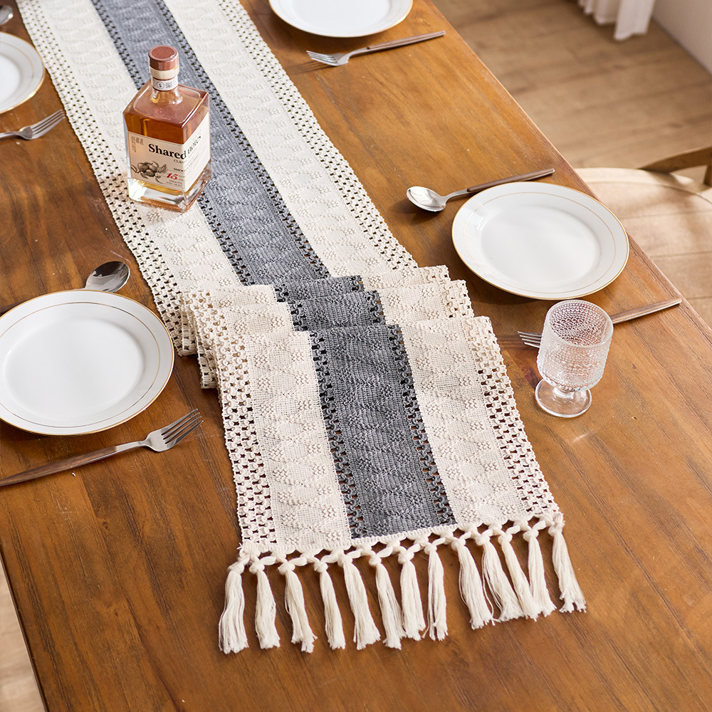 Banderas de mesa anchas de color café transfronterizo, algodón y lino a juego, borlas huecas anudadas, decoración de mesa, mesa de comedor, mesa de centro, armario de zapatos, mantel image 8