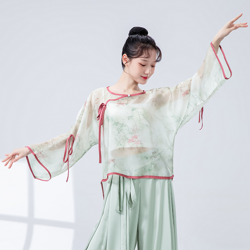 新中国風古典舞踊衣装 女性用 新作 梅の花模様の絞り染めガーゼ衣 エレガントな中国風 シンプルで爽やかな舞台衣装 練習着|undefined
