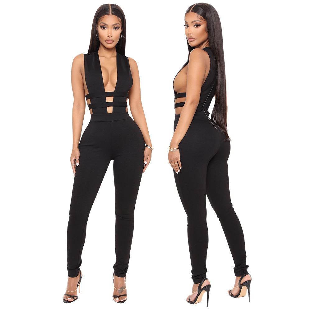 Hollowed-out Stitching Sexy V-neck Sleeveless Tight Jumpsuit - Jumpsuits & Rompers - Uniqistic.com