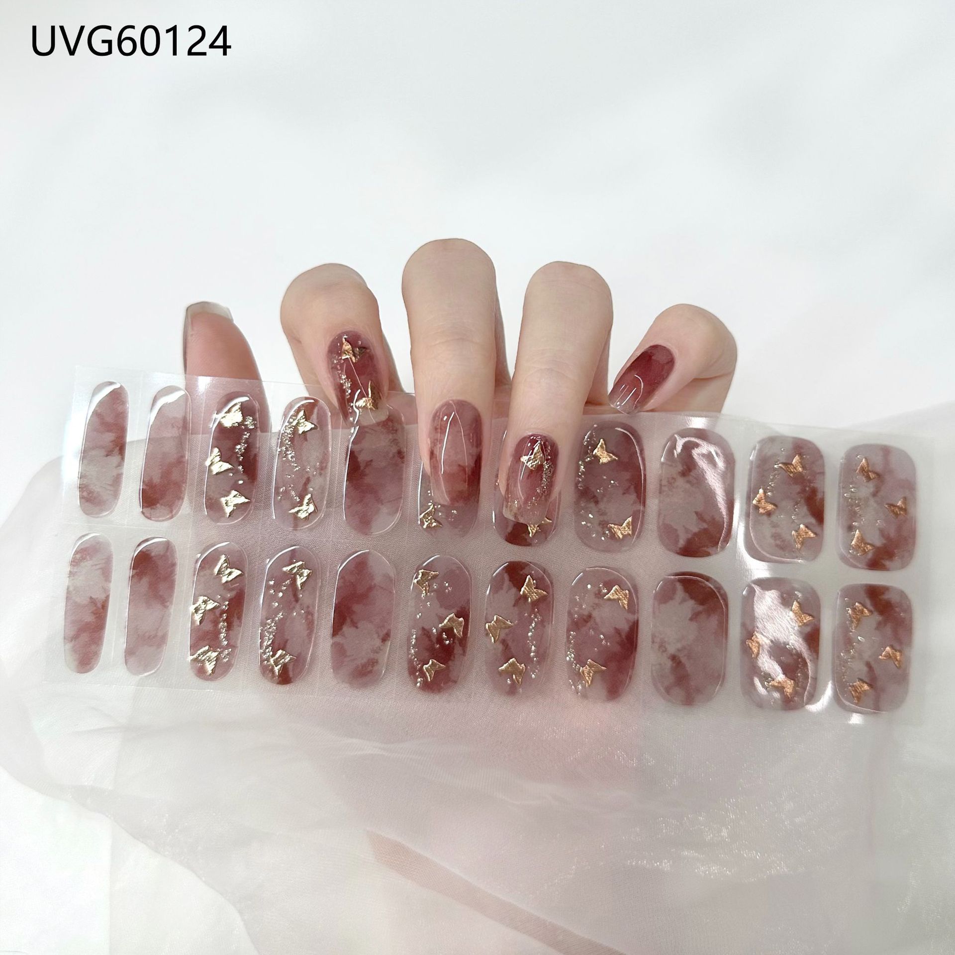 Pegatinas de uñas de gel UV transparentes efecto hielo, semicuradas, con lámina dorada, fototerapia, efecto película de aceite