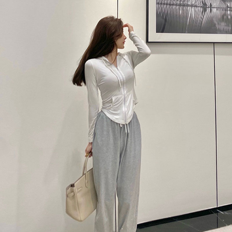 健身服运动跑步套装女秋冬修连帽上衣袖外套瑜伽休闲宽松卫衣长裤