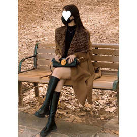 2025秋冬新款毛呢外套韩系高级感卡其色海军领呢子大衣女