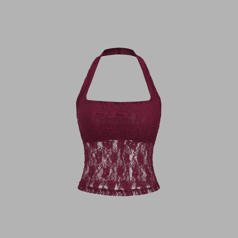 Amazon Cross-Border Foreign Trade European and American Retro Style Short Halter Neck Tank Top with Lace Patchwork Women's Top