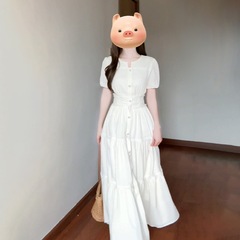 夏2025新作小柄で優しい風感雰囲気の長いスカートのフランスの白いシャツのワンピース女性