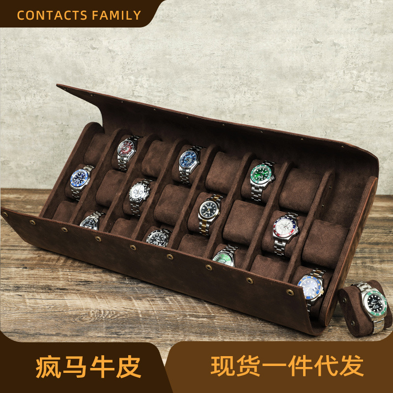 Contacts Family Retro Crazy Horse Leather Watch Box 24-Slot Watch Display Box Genuine Leather Watch Storage Box