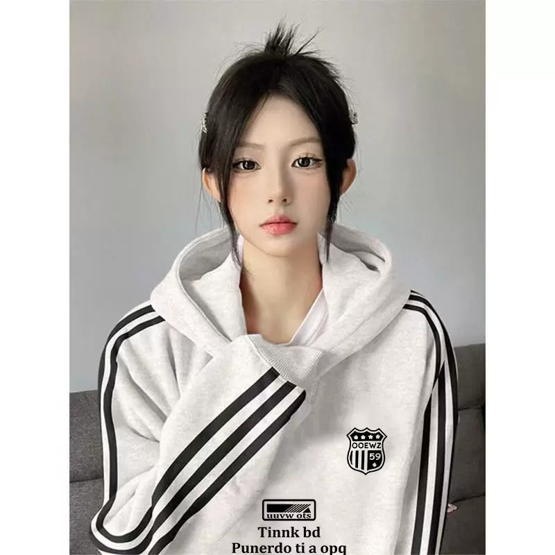 美式高街插肩袖三条杠秋季卫衣宽松oversize加绒白色卫衣带帽子