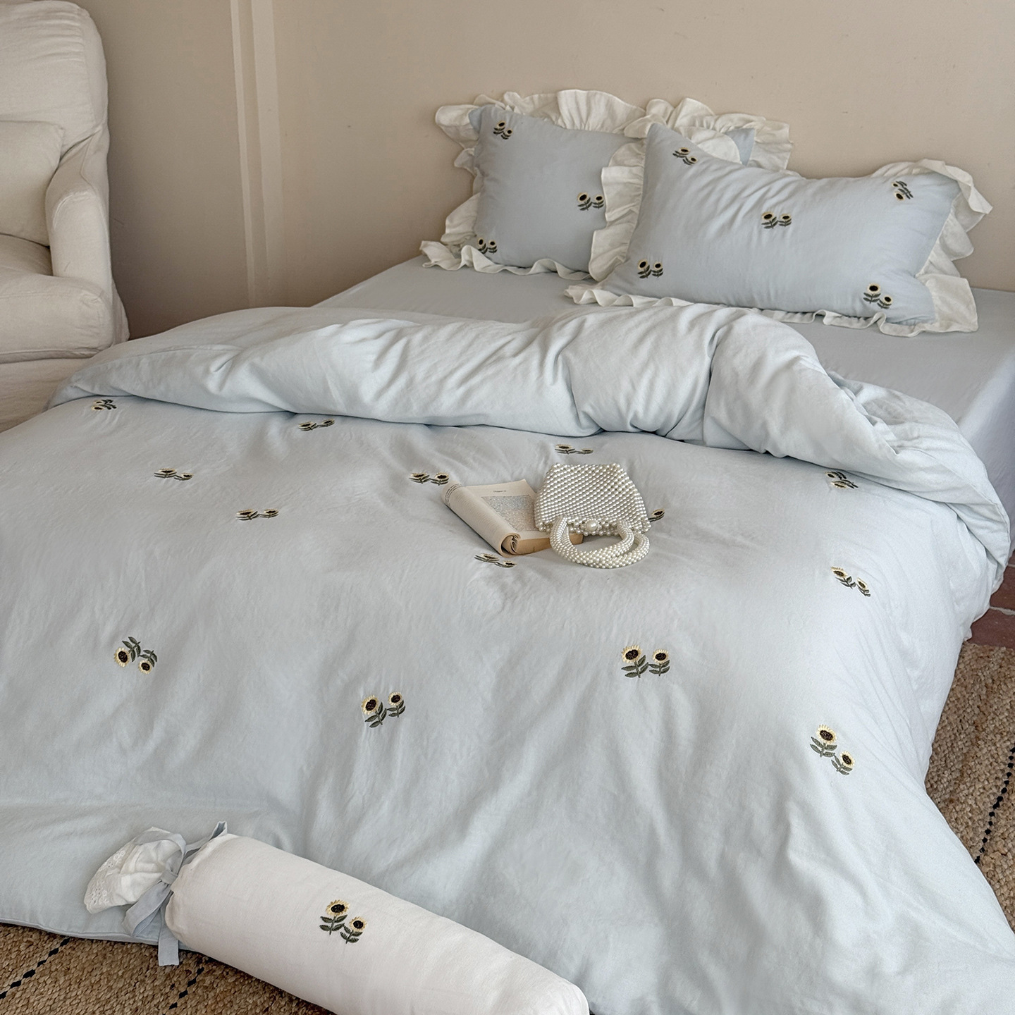 Princesa coreana de algodón 1.2m cama de tres piezas de doble capa de sábanas bordadas blancas de cama de cuatro piezas