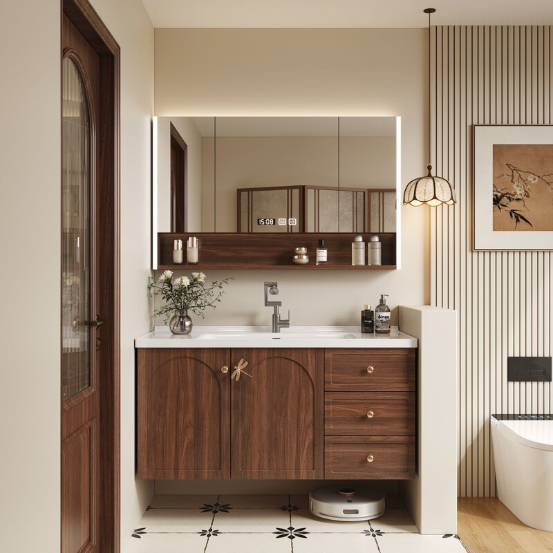 Solid wood mid-century style bathroom cabinet with ceramic integrated basin, ready-made bathroom sink cabinet set