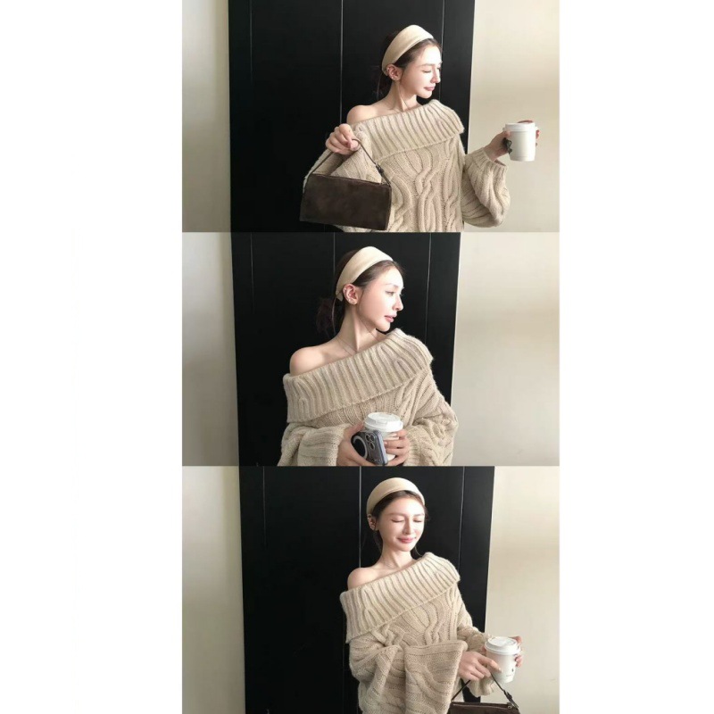 2025时髦慵懒一字领大麻花毛衣女冬季新款卡其纯色露肩针织上衣