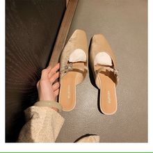 新中式国风法式复古方头半包钻扣一字带低跟穆勒半拖外穿单鞋女