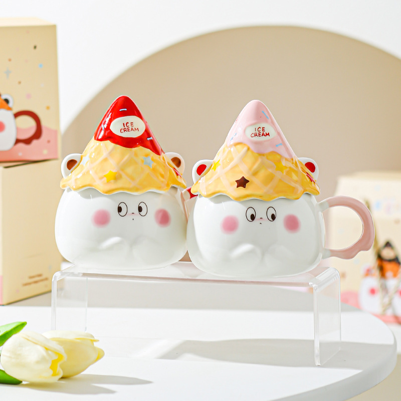 Taza de caricatura de cerámica de alta cara, taza de regalo para una amiga, taza de corazón de una niña, taza de desayuno casera