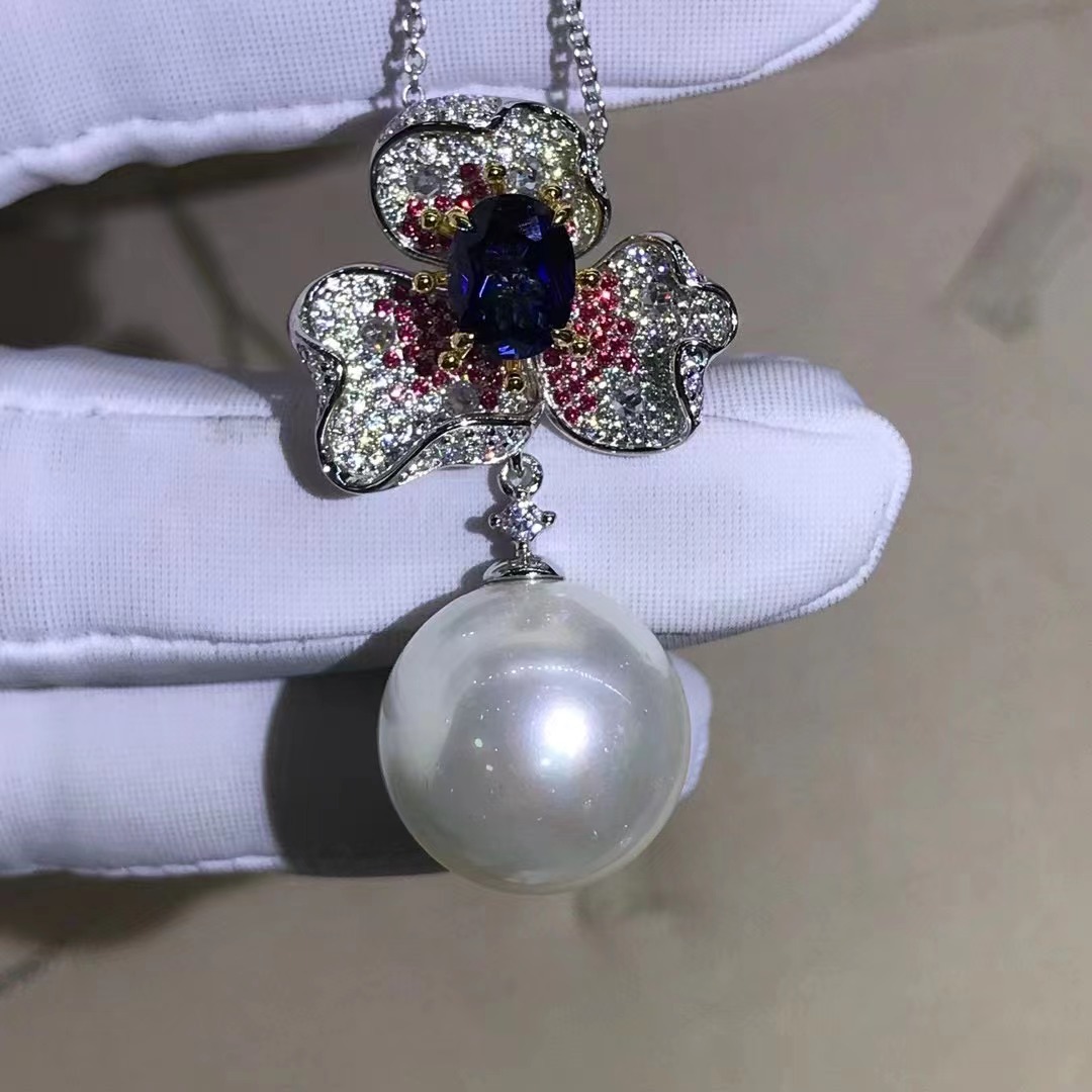 18mm Pei Zhu Macao colgante de zafiro de perla blanca S925 plateado con cinco capas gruesas de platino incrustadas con perlas