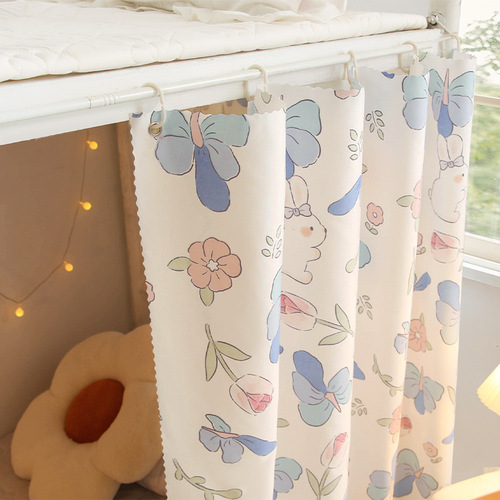 Dark student dormitory bed curtains on sunny days. Blackout cloth curtains for the bottom bunk of a single bed in a school factory dormitory.