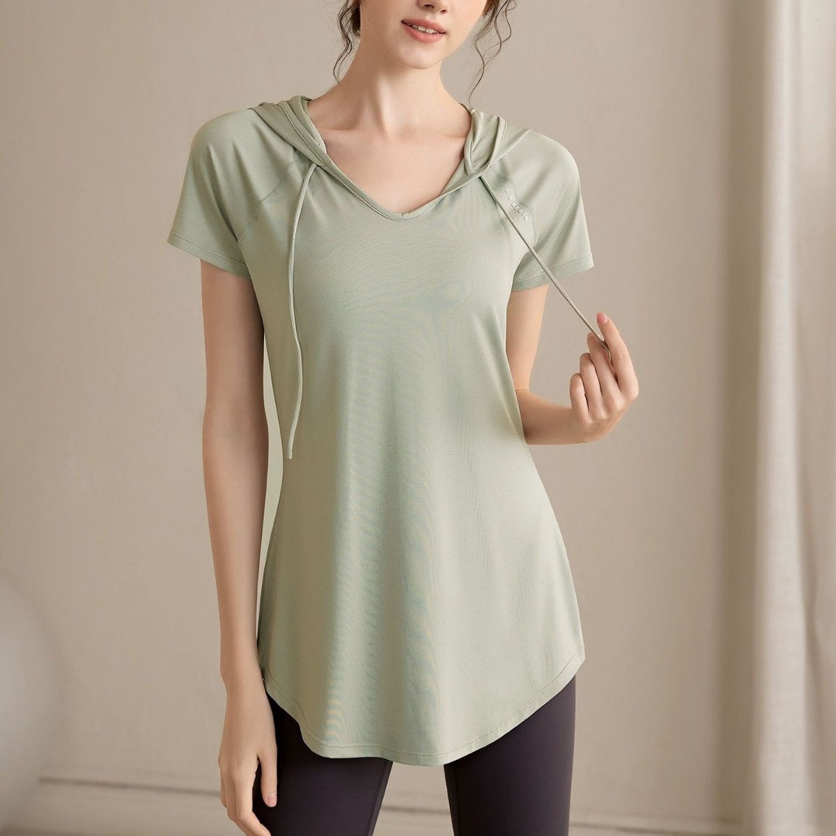 Loose Slim Hip Covering Mid-length Sports Short-sleeved T-shirt Women's Professional Quick-drying Hooded Fitness T-shirt Yoga Blouse