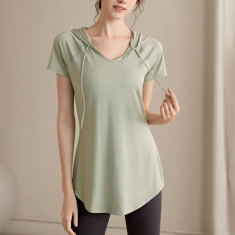 Loose Slim Hip Covering Mid-length Sports Short-sleeved T-shirt Women's Professional Quick-drying Hooded Fitness T-shirt Yoga Blouse