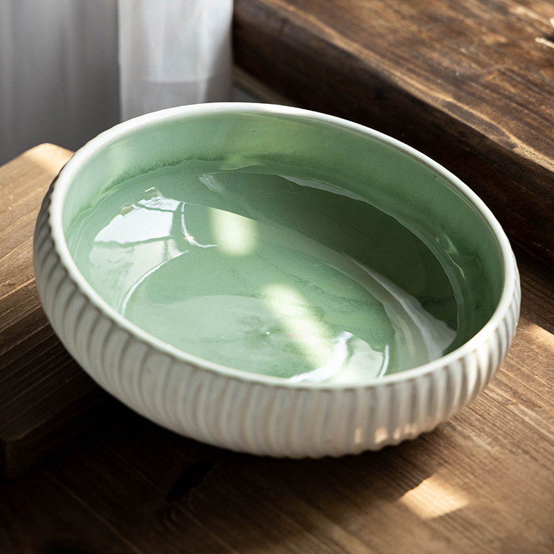 Tacos de cerámica en relieve gruesos prácticos, platos retro domésticos, tazones de verduras, tazones de sopa de gran capacidad, tazones de frutas