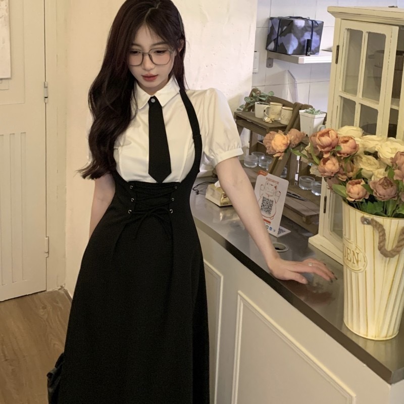 束腰绑带收腰显瘦背带裙套装大码女装高级感衬衫胖mm背带裙两件套|undefined