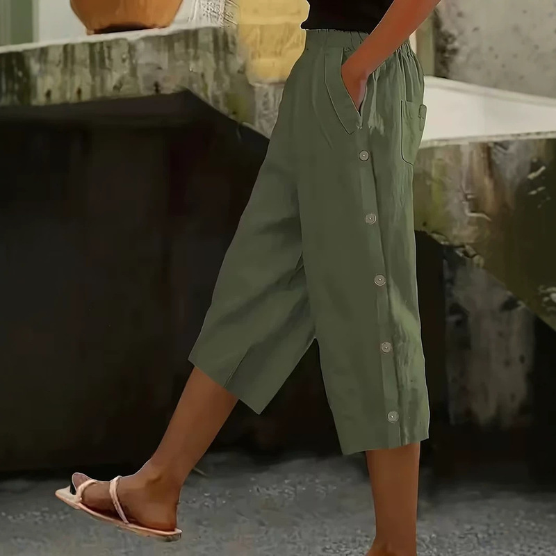 Spring and summer women's elastic waist wide-leg cropped pants with button decoration and pockets, casual sports pants Spring and summer women's elastic waist wide-leg cropped pants with button decoration and pockets, casual sports pants