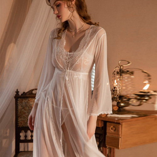 Lace and Sheer Mesh Set for Love and Romance, Long-Legged Temptation, High Slit Long-Sleeve Nightgown with Outer Robe, Wholesale Sleepwear