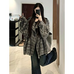 2025新款复古韩系慵懒chic格子风衣外套女秋季中长款宽松休闲上衣