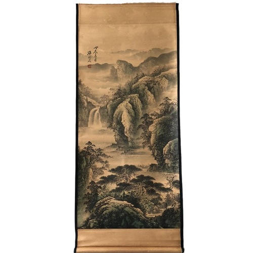 A hall painting of antique art and calligraphy, imitating ancient style, for living room decoration, featuring a scroll painting of 