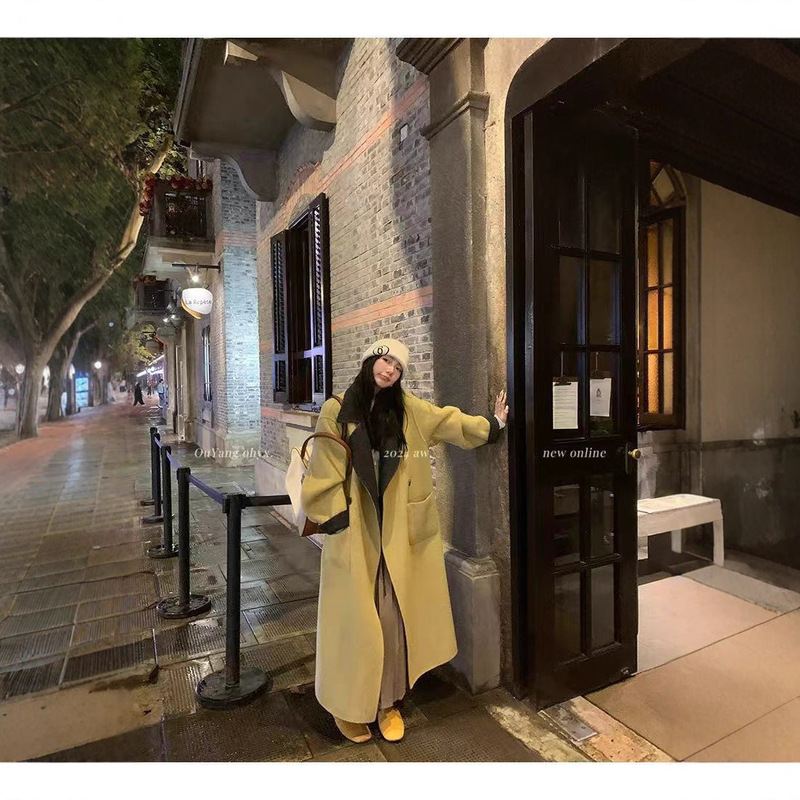 双面羊毛大衣女中长两面穿款宽松加厚羊绒秋冬新款双色围巾领外套|undefined