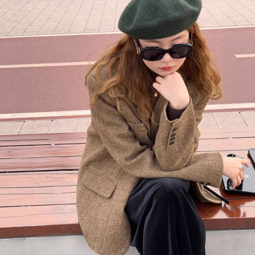 Coffee color small suit coat for women's autumn and winter new small casual Korean retro herringbone top