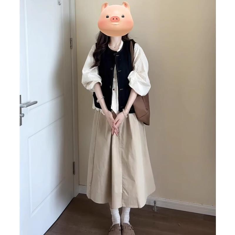 Autumn a set of women's 2024 new retro style gentle temperament waistcoat stacked skirt three-piece suit