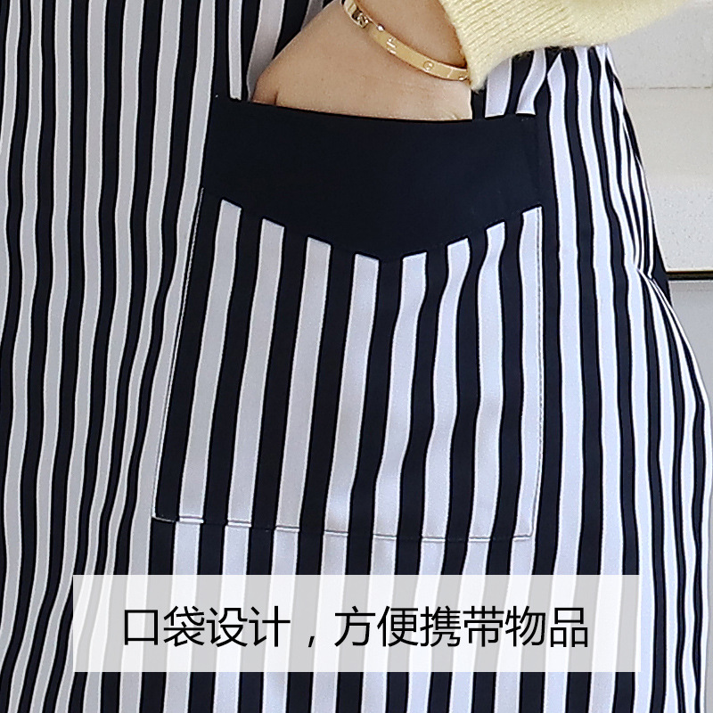 Delantal a rayas de poliéster de Amazon, logotipo personalizado, correa para el hombro, ropa de trabajo de cafetería coreana, delantal de cocina para el hogar