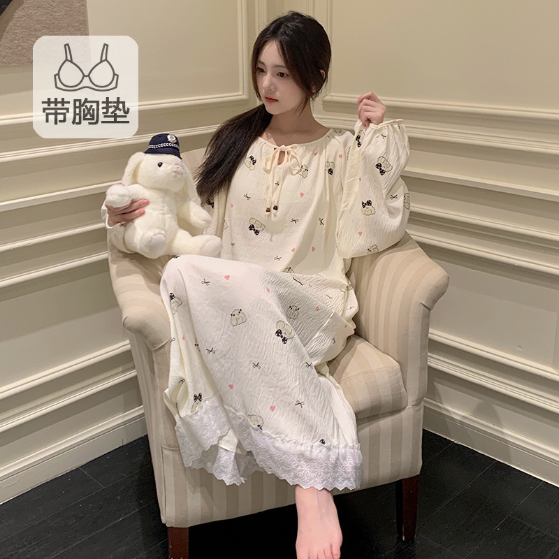 云朵棉睡衣女春秋季新款带胸垫长袖睡裙可爱卡通公主风长裙家居服|undefined