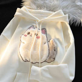 胖胖小猫情侣装卫衣女秋冬季宽松多巴胺穿搭奶系连帽加绒加厚外套