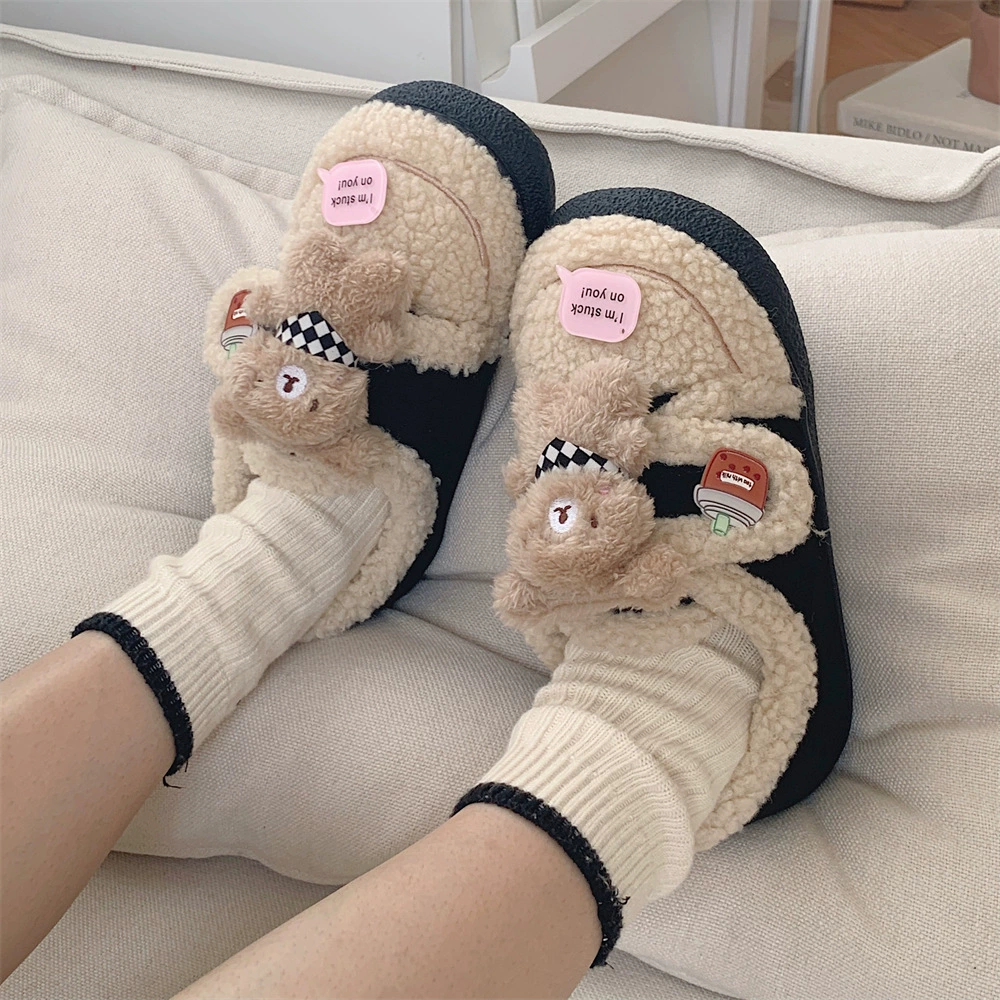 Корейские модные теплые детские хлопковые тапочки на флисовой подкладке, зимняя хлопковая обувь, обувь с милым медведем для мальчиков и девочек, лефу