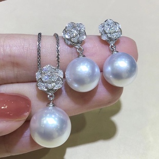 Seiko s925 Silver Mountain Tea Flower Pearl Set Strong Light Round 11-12mm Natural Pearl Earrings Necklace