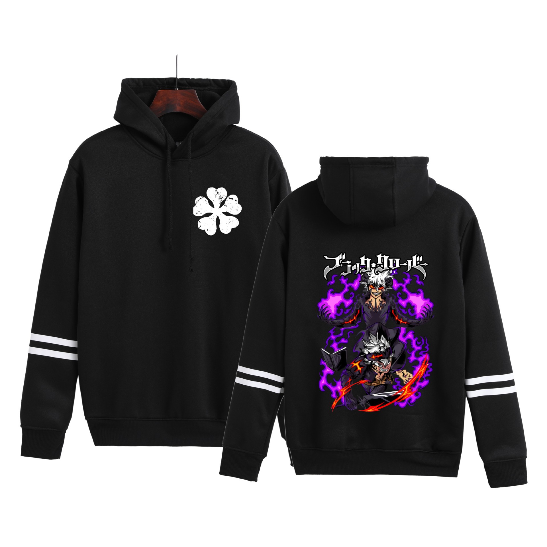 Trébol de cuatro hojas negro transfronterizo Black Clover hombres y mujeres pareja en contraste suéter con capucha de moda