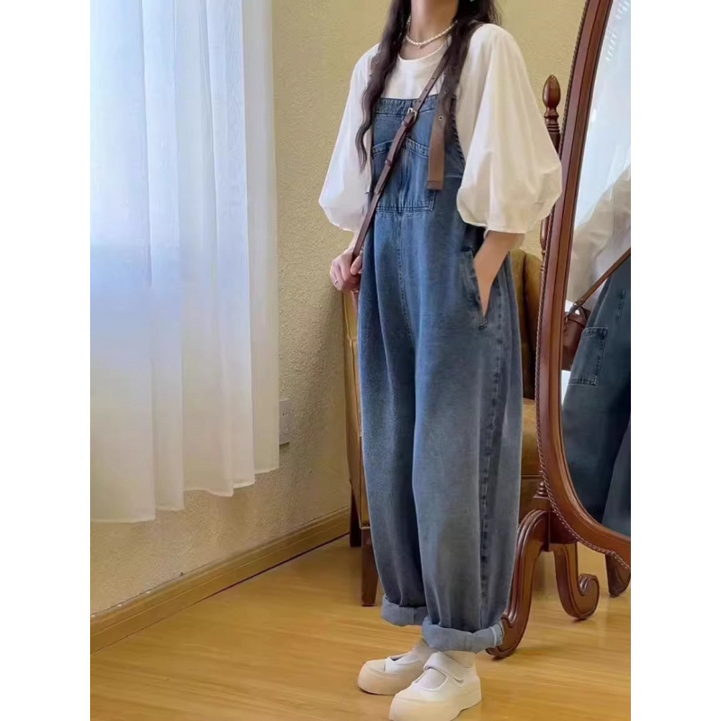 微胖mm时髦套装小个子穿搭春秋泡泡袖上衣水洗牛仔背带裤两件套女|undefined