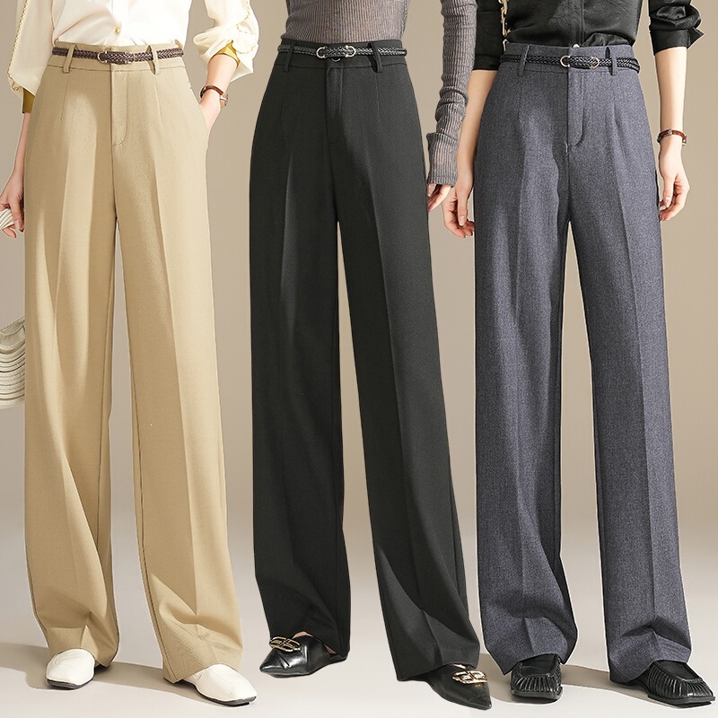High-End Tencel Wool Wide-Leg Pants for Women, New Spring/Summer High-Waisted Straight-Leg Casual Pants with a Draped Effect, Suitable for Covering the Hips, Suit-Style Trousers