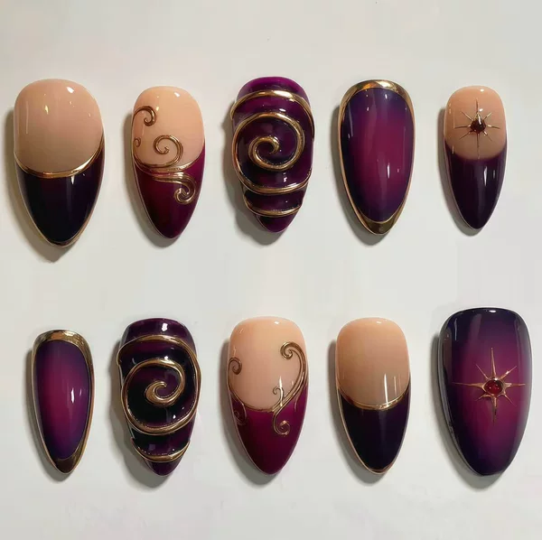 Purple-red gradient Y2K vintage hot girl 3D gold-plated cross-border ins European and American starburst French nail patches