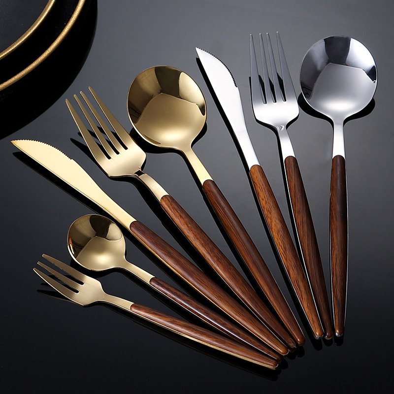 Amazon imitation wooden handle stainless steel steak knife and fork vintage Portuguese Western tableware five-piece set dessert spoon and fork