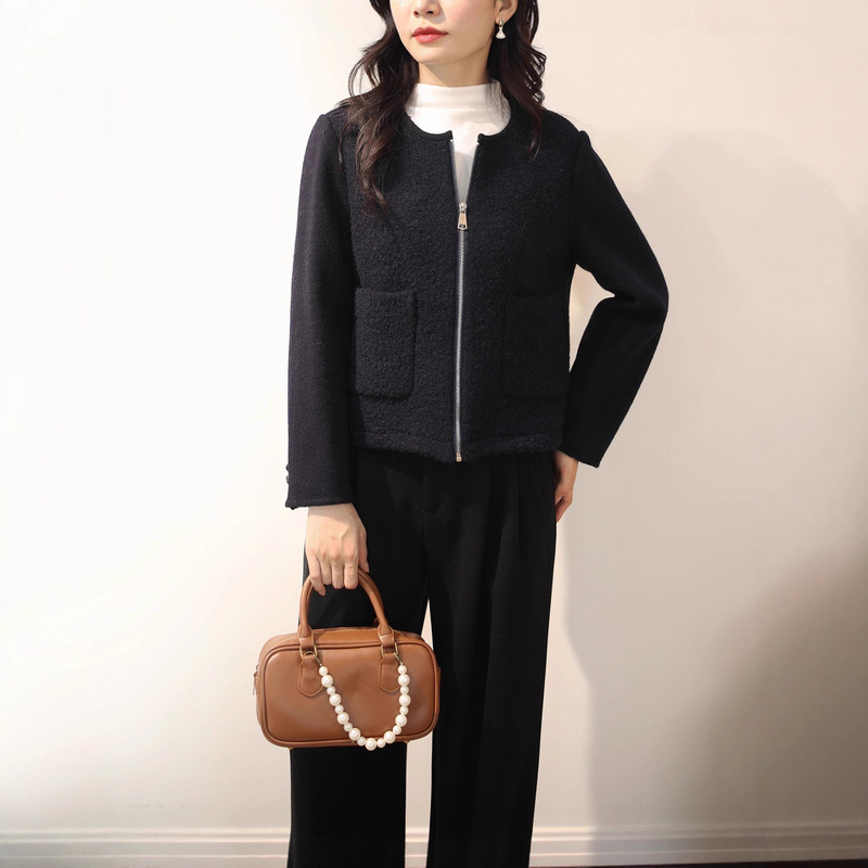25 Autumn and Winter Double-Sided Cashmere Outwear Short Splicing Loop Zipper Wool Outwear Jacket Small Outwear for Women