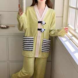 海岛绒睡衣女秋冬季保暖加绒加厚甜美可爱少女士家居服套装可外穿