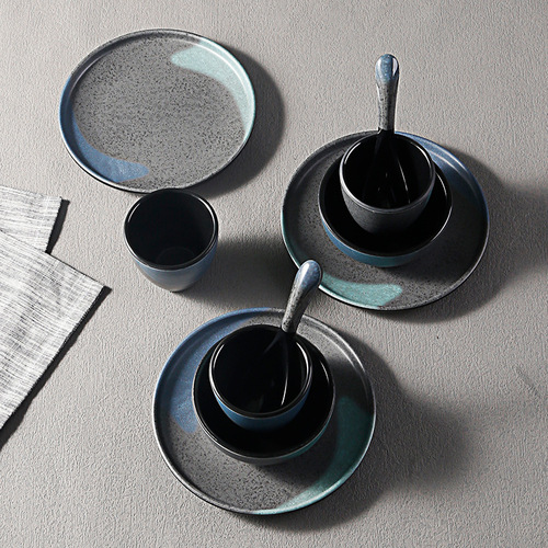 Set of 4 high-end melamine imitating porcelain tableware for hot pot restaurants, restaurants, and hotels, including plastic spoon, cup, bowl, and plate set