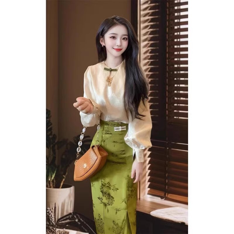 新中式气质国风两件套女装2025春秋新款时尚衬衫提花半裙禅意套装|undefined
