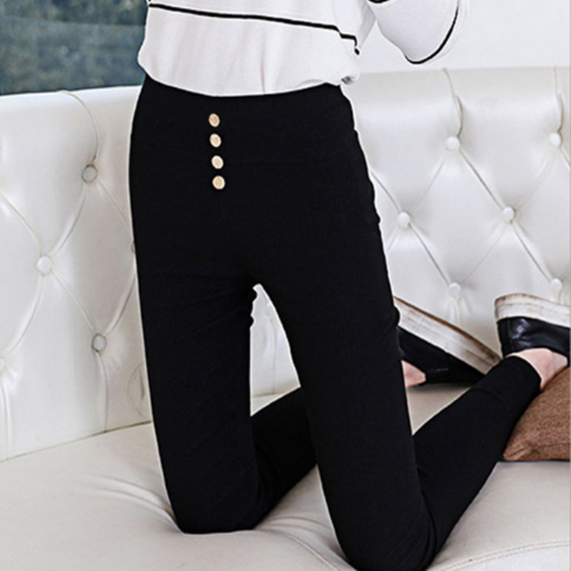 Korean Style New Fleece-Lined Leggings for Outerwear, High-Waisted Skinny Pencil Pants, Spring and Autumn High Elasticity Pants with Back Pockets for Women