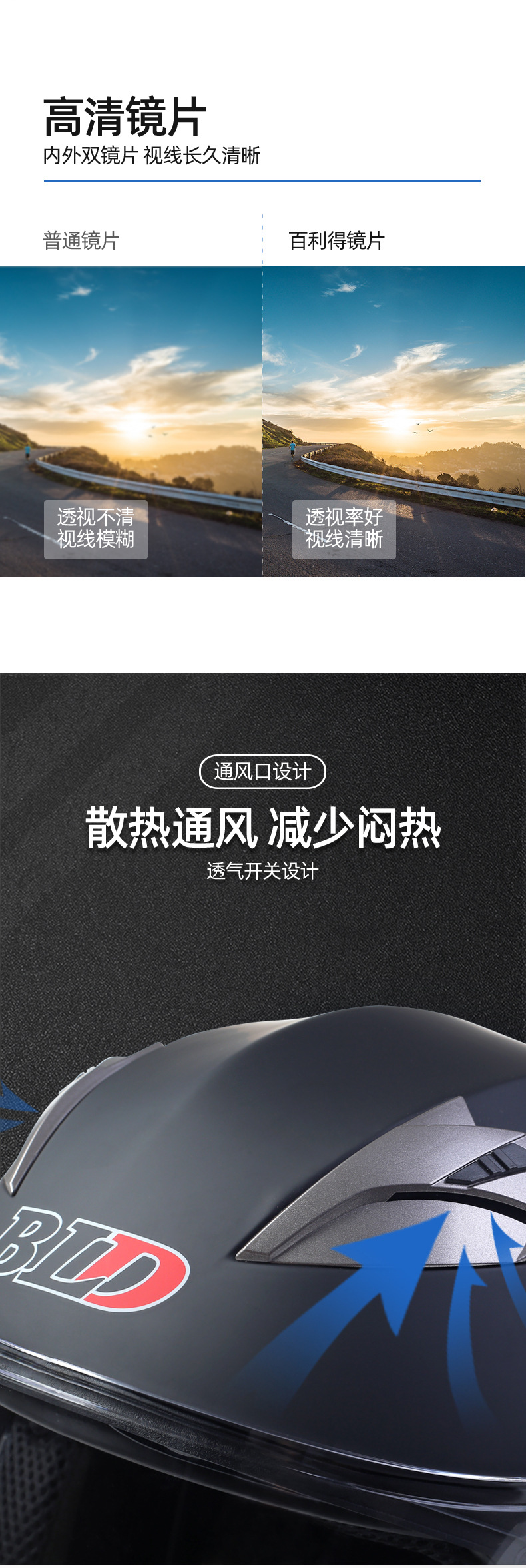 Bld Wholesale Bailide Helmet Cross-Border Supply 3/4 Helmet Half Helmet Motorcycle Helmet Dual Lens Cycling Helmet
