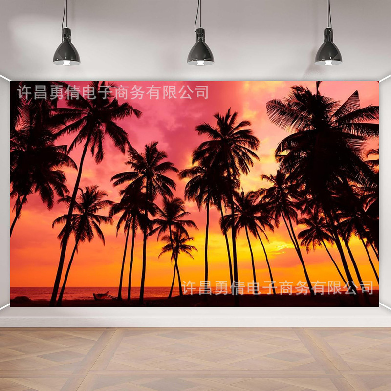 Amazon's New Nordic Sunset Beach Coconut Forest Theme Background Decoration Props Banner Photo Hanging Cloth Manufacturer