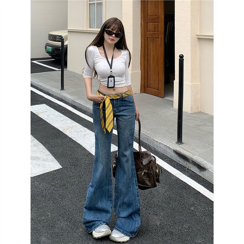 New American-Style Spicy Girl Low-Waist Flared Jeans for Women, Bamboo Texture Dark Blue Versatile Floor-Length Ins Flared Pants New American-Style Spicy Girl Low-Waist Flared Jeans for Women, Bamboo Texture Dark Blue Versatile Floor-Length Ins Flared Pants