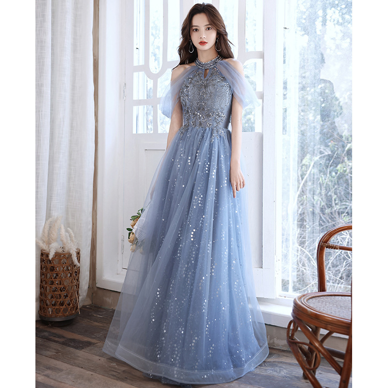 Evening Dress for Women 2026 New Elegant and Graceful Socialite Long Dress for Hostess French Banquet Blue Long Dress